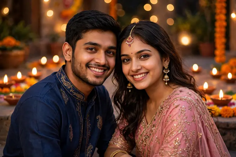 DSLR , 100% face match of a cheerful young Indian couple (man and woman) celebrating Diwali. They are looking affectionately at the camera. Woman in
