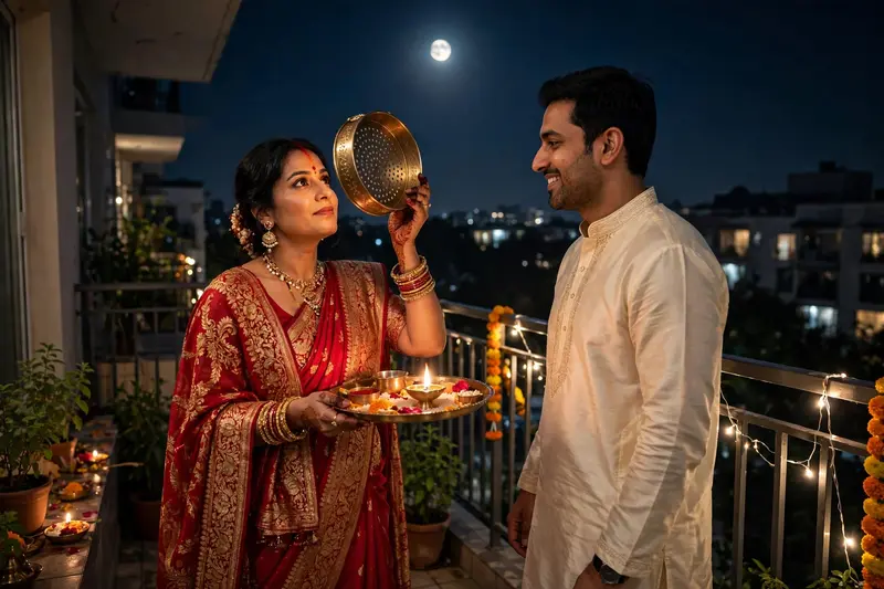 Ultra realistic HD photo of a married Indian couple celebrating Karva Chauth on their home balcony under the moonlight.The wife (same face as