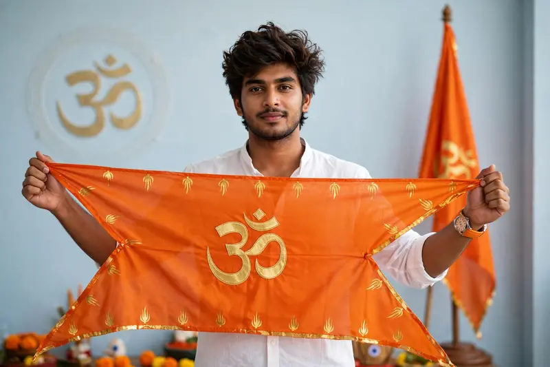 Ultra -realistic cinematic portrait of a young man standing a light blue minimal background. A man is wearing flag of 'l love Mahadev, clothes are