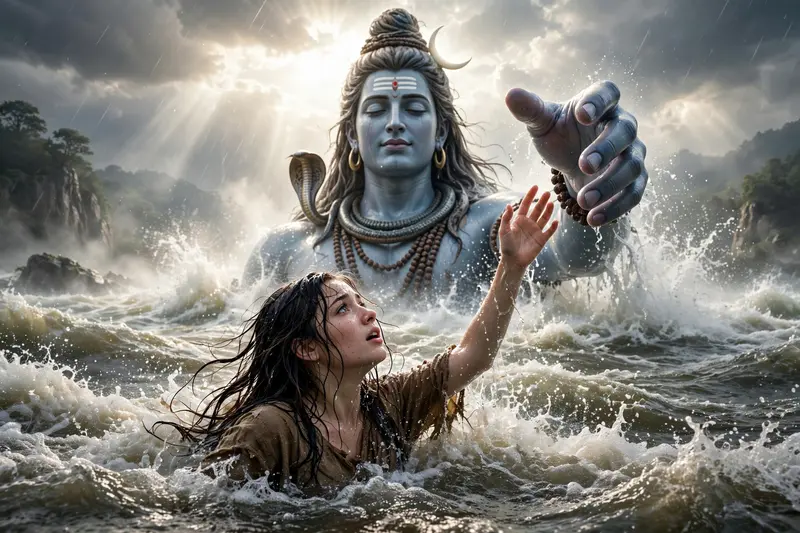 Without changing my facial features A young woman with dark black and brown long hair is struggling in a turbulent river, reaching his hand upwards