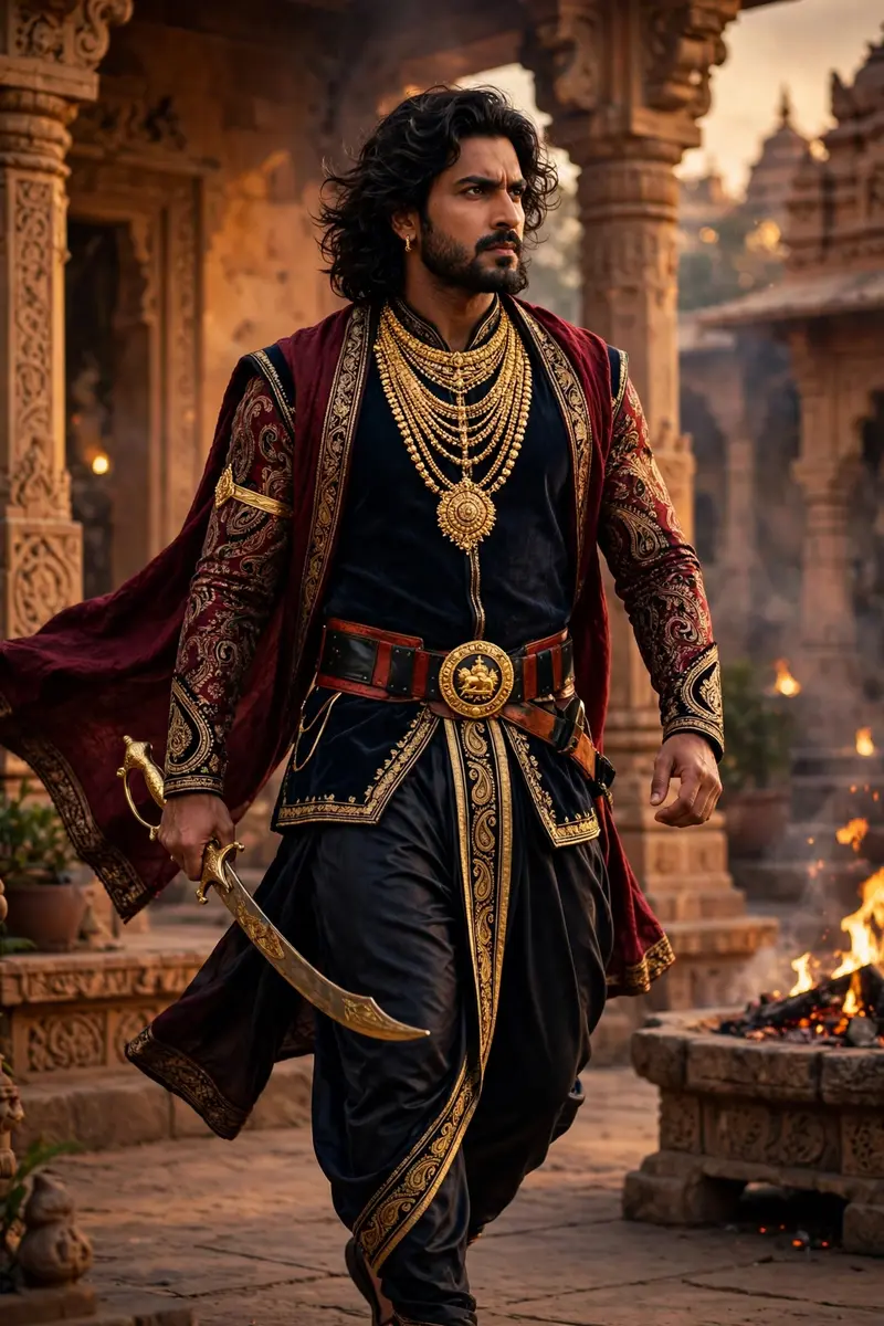 Full-body shot; Regal Indian warrior-prince (face from uploaded picture) Strong, heroic, and intense expression; midium Long, wavy, dark hair; Neatly