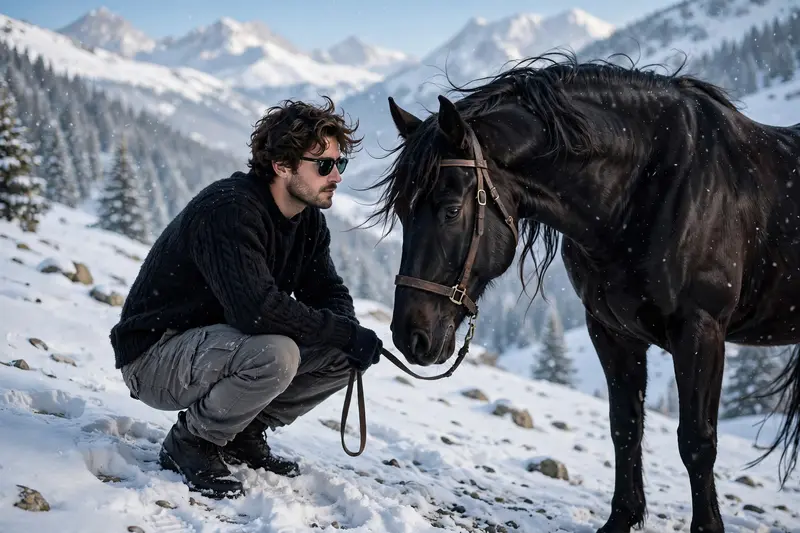 Ultra realistic, resolution cinematic image of a person crouching beside a powerful black horse in a snow-covered mountainous landscape. Face with