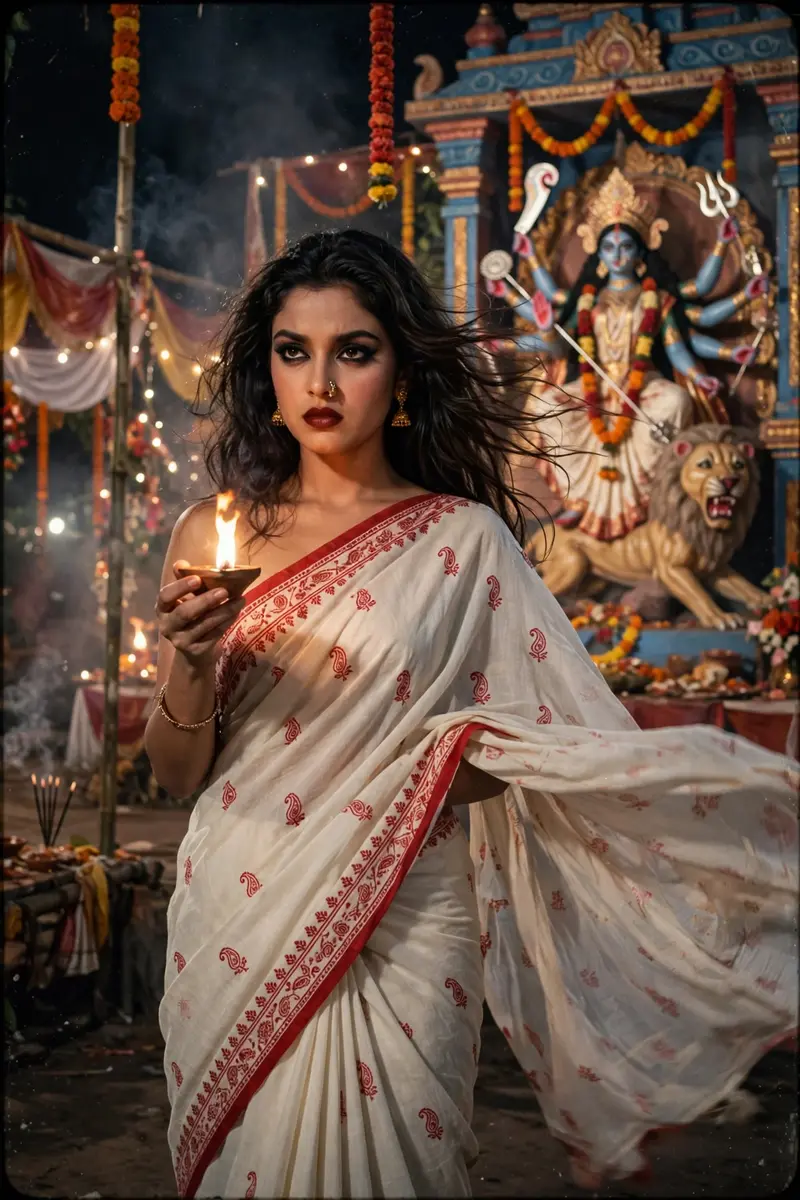 Create a retro vintage grainy but bright image of the reference picture draped in a perfect off white saree with red border with little red prints on
