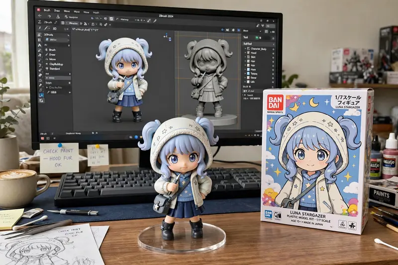 Using the model, create a 1/7 scale commercialized figurine of the characters in the picture, in a realistic style, in a real environment. The