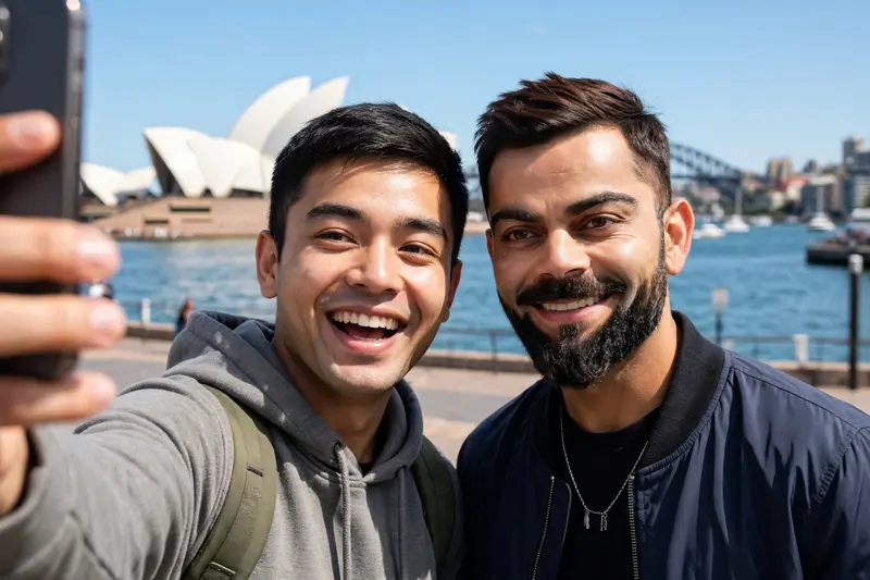 "Ultra-realistic selfie with Virat Kohli in Sydney near the Opera House. A person is holding the phone and taking the selfie with Virat sir standing
