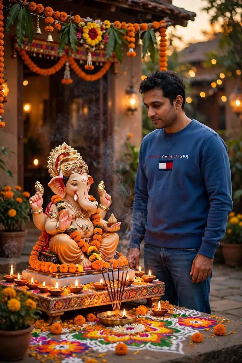 A premium Ganesh Chaturthi portrait of the person from the reference image, wearing a blue Tommy Hilfiger sweatshirt and jeans, standing beside a