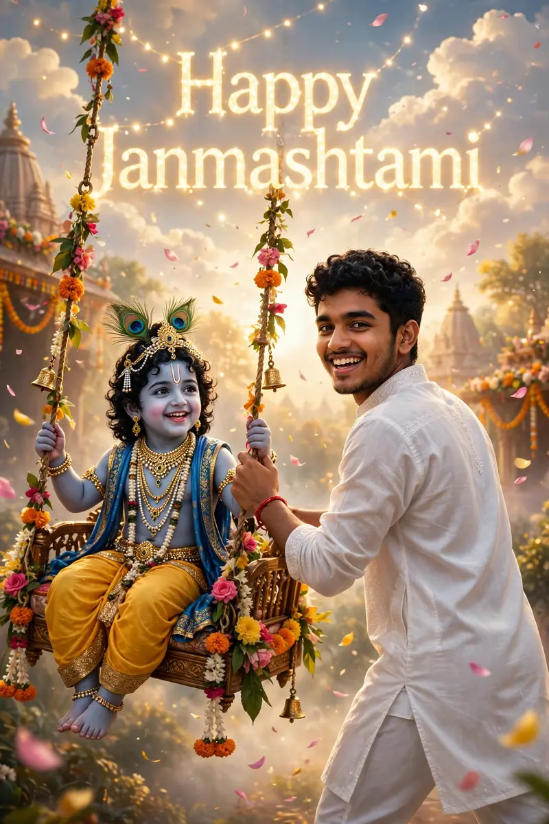 Create a vibrant portrait of a joyful young man celebrating Janmashtami, He is dressed in a traditional white kurta and white pajama, smiling and