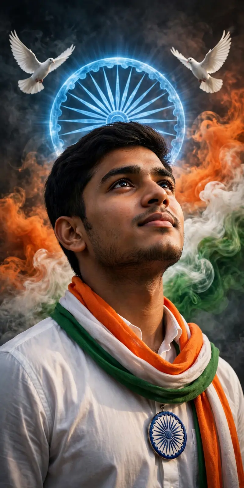 A POWERFUL PATRIOTIC PORTRAIT OF A YOUNG INDIAN MAN LOOKING UPWARD WITH PRIDE AND HOPE. HE WEARS A CRISP WHITE SHIRT ADORNED WITH A TRICOLOR SCARF