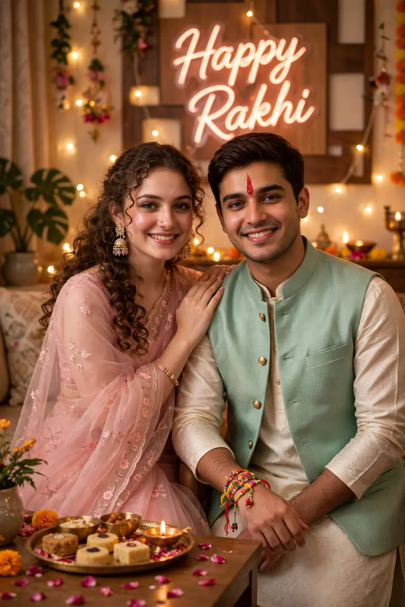 A high-resolution vertical photograph of a brother and sister standing side by side, smiling warmly at the camera on Raksha Bandhan. The sister wears