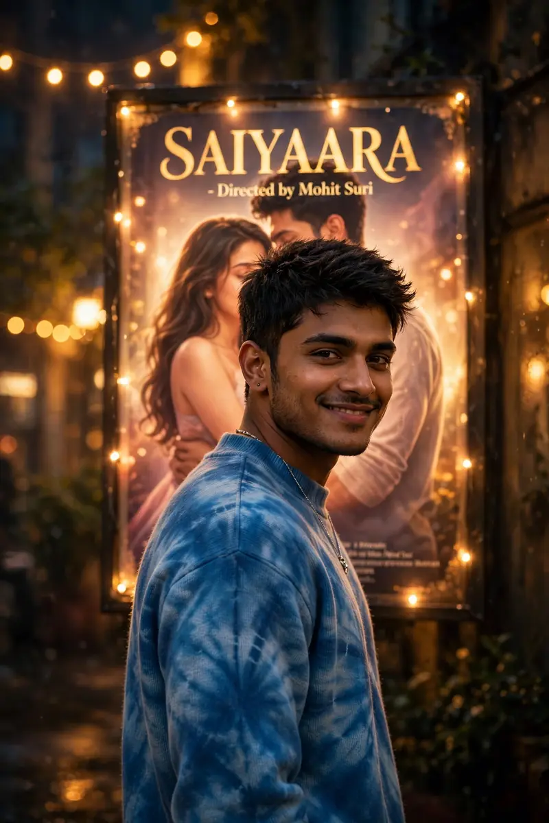 A cinematic portrait of a stylish young man standing in front of a glowing romantic movie poster at night. The poster in the background shows a