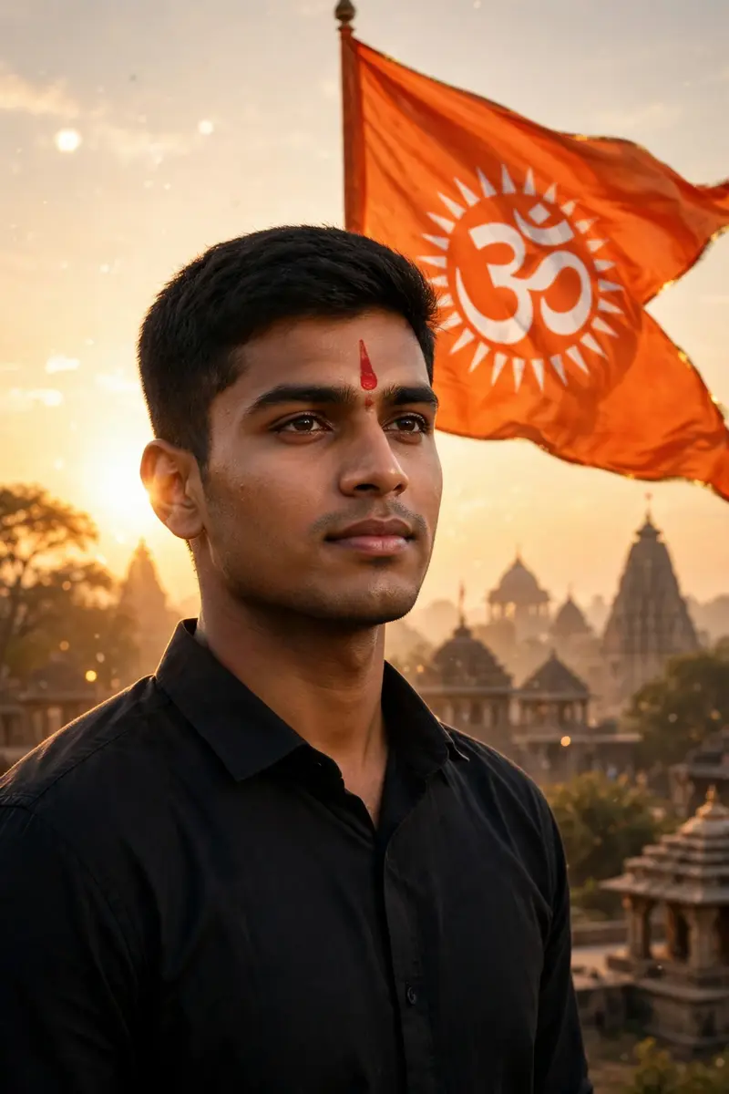 A super-realistic portrait of a confident young Hindu man standing proudly, with a calm yet powerful expression. He is wearing a simple modern outfit