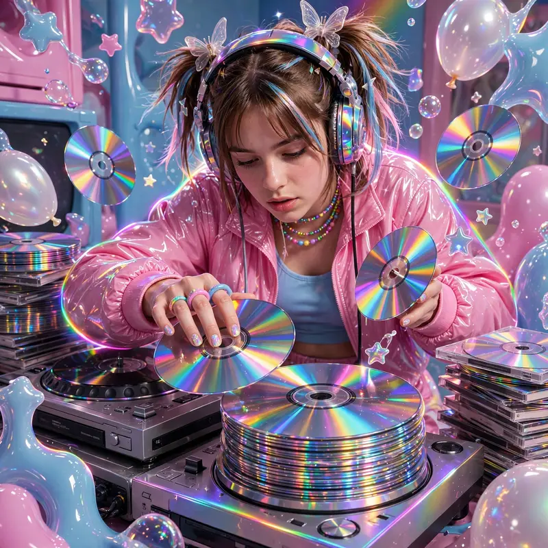 a CD-stack DJ spinning iridescent discs in early-2000s teen magazine photography, frozen in a flash of early-2000s magic. Iridescent rainbow rim