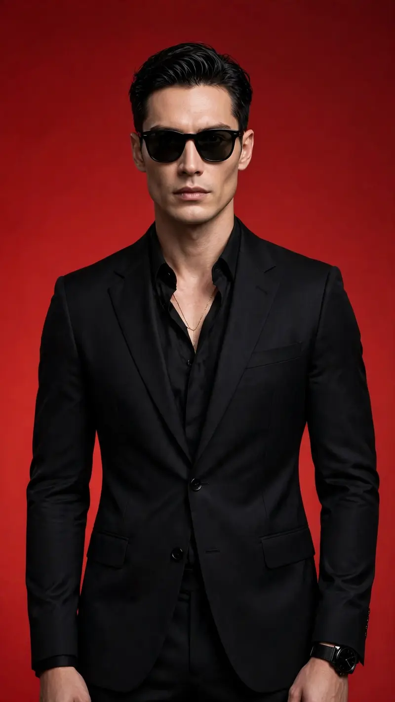 Studio background. A highly stylized potrait of image with sharp features, flawless fair skin well fitted all-black suites with a black shirts, and