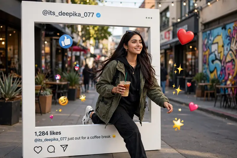 A young female with silky hair, wearing trendy urban streetwear and casual sneakers, confidently stepping out of a large Instagram-style photo frame