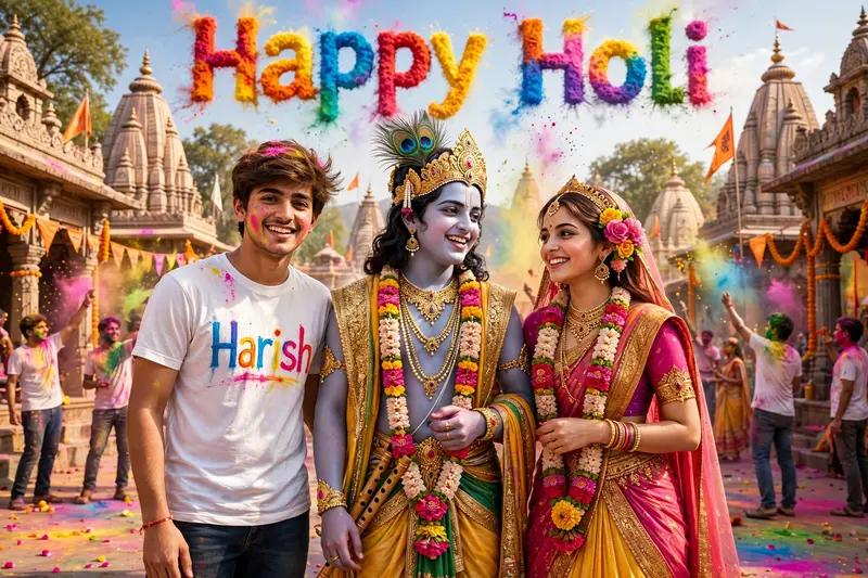 Create a realistic image in which, a realistic 20 year old boy with Lord Krishna and Radha wearing a colorful white T-shirt with his name Harish" is