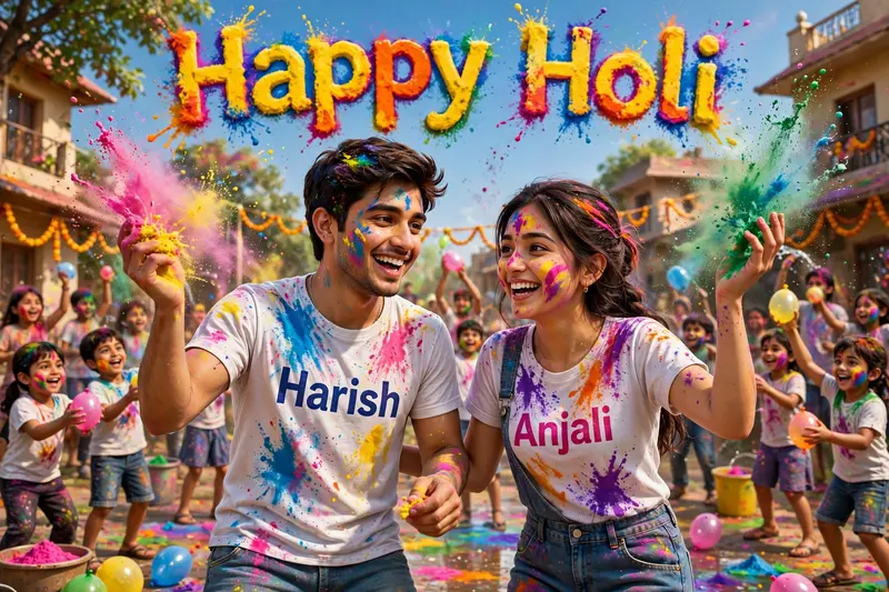 create a 3d image where a 20 year old couple are joyfully playing Holi, with vibrant colors splashed across their clothes. Both are wearing T-shirts
