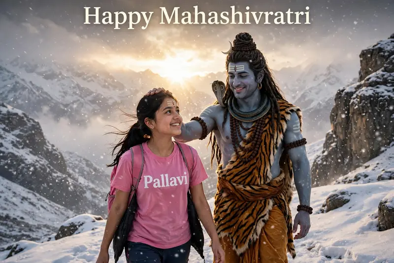 18 years old Girl walking and lord mahadev coming after him and Mahadev's hand putting on girl head on mountains. Both are smiling. Girl is wearing