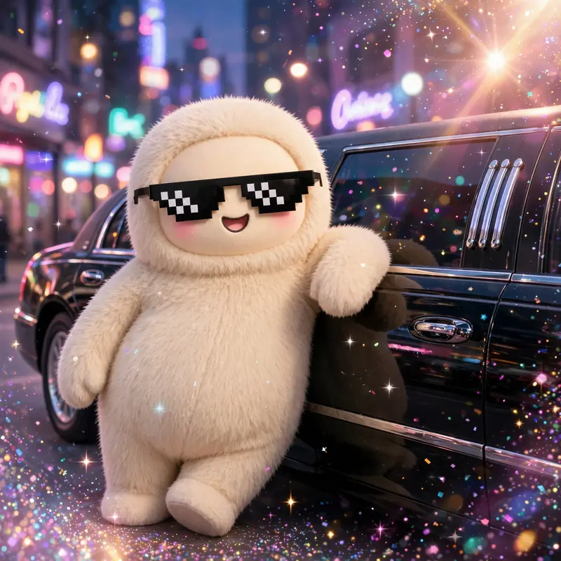 Playful nostalgic Y2K digital art portrait of a pixel-sunglasses icon leaning on a limo, glitter drifting through the air. Dreamy lens-flare sparkle
