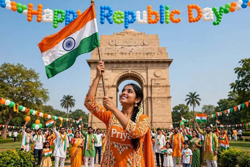 18 year old indian beautiful girl celebrating Republic Day at India Gate, New Delhi. She is wearing a kurti with Priya clearly written on it. she is