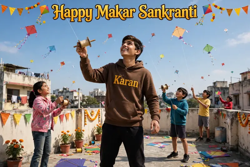 Realistic photo 18 year old boy flying kite on rooftop and celebrating Indian festival Sankranti With blue sky on the rooftop And wearing brown