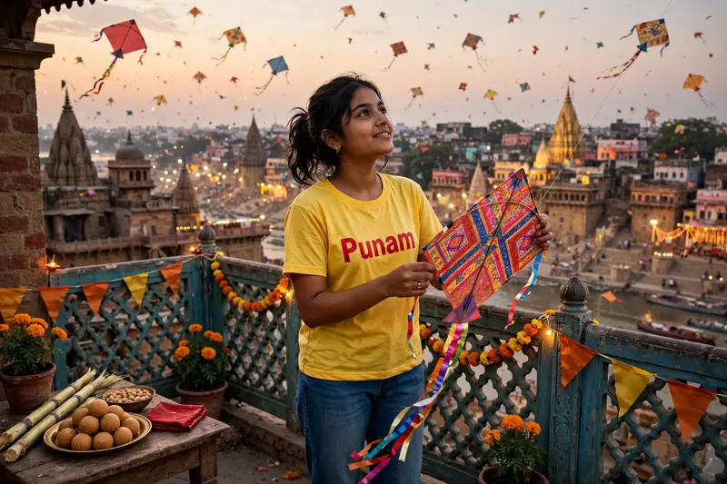 18-year-old Indian girl is wearing a yellow shirt with 'Punam' printed in Red visible properly, and jeans. sHe's holding a colorful kite on her