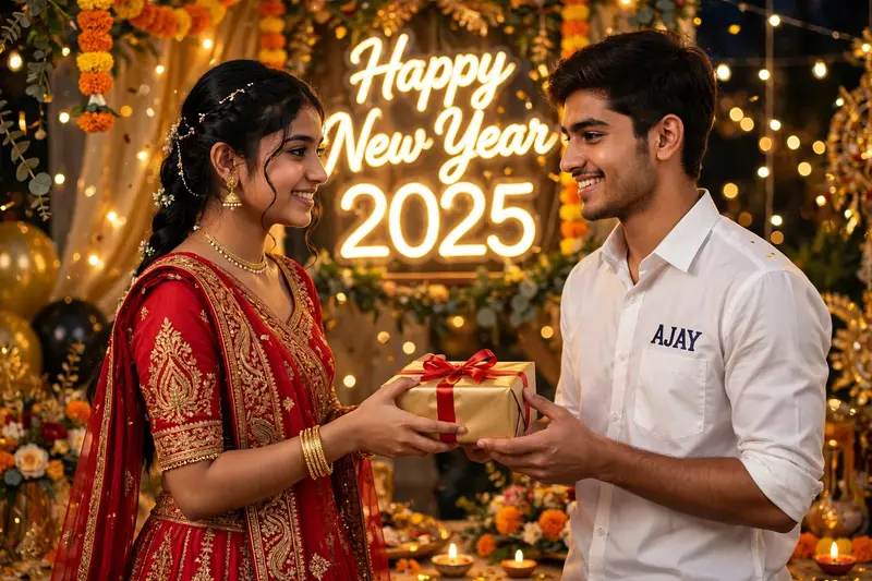 A 18 year old girl giving a New Year gift to a boy, boy is wearing a white shirt with the name"AJAY" is clearly written on the shirt. girl is wearing
