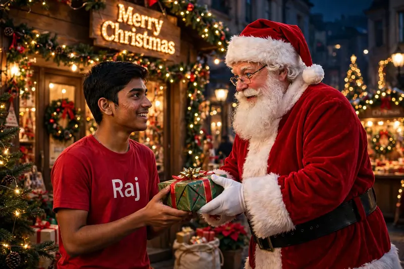 create a realistic image of a 18 year old indian boy, Christmas evening in which , santa clause gives a gift to a young man named “Raj” , who is