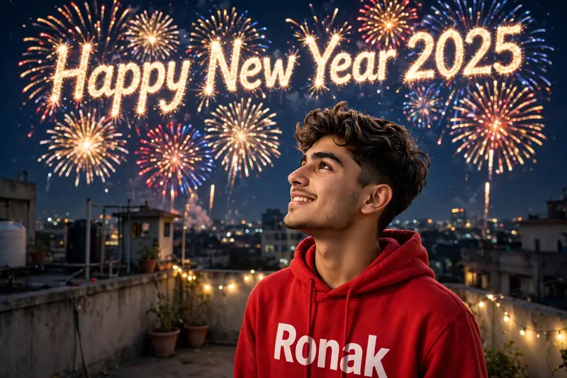 realistic a pic a 18 years old boy is celebrating new year on the roof of the house, fireworks are bursting in the sky behind him, "Happy New Year