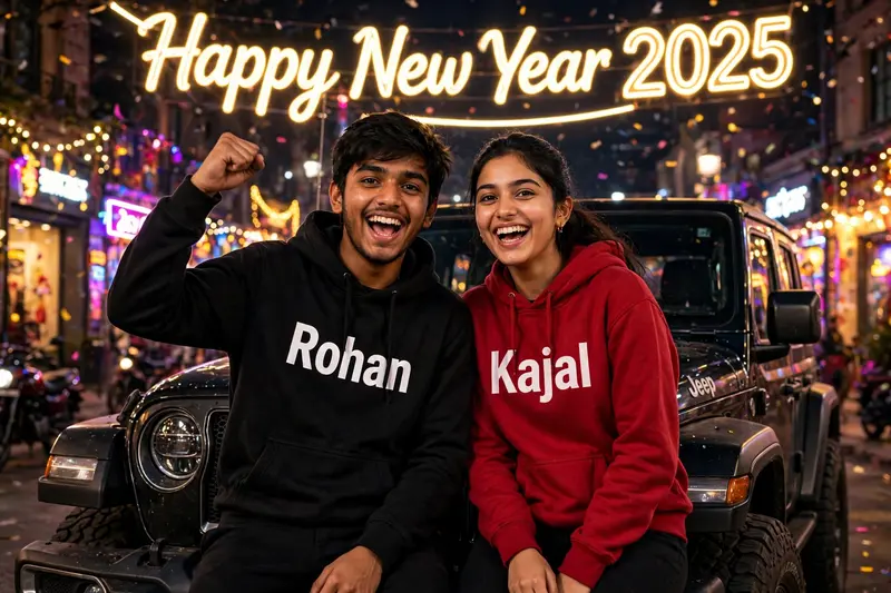 18 Year old young Indian boy and girl sitting on jeep car, the boy is wearing Black hoodie with name "Rohan" written on it, girl is wearing red