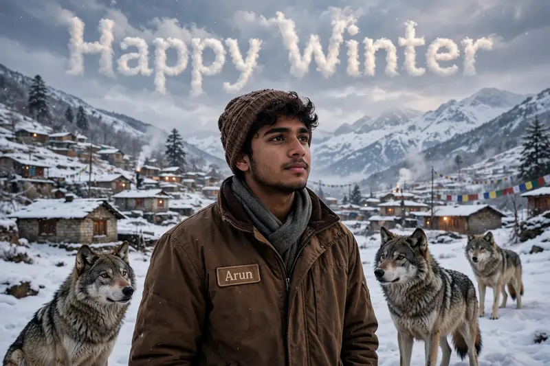 Create a realistic emotional photo with a snowy mountain with a 22-year-old Indian boy wearing a brown jacket with the name “Arun” written on it