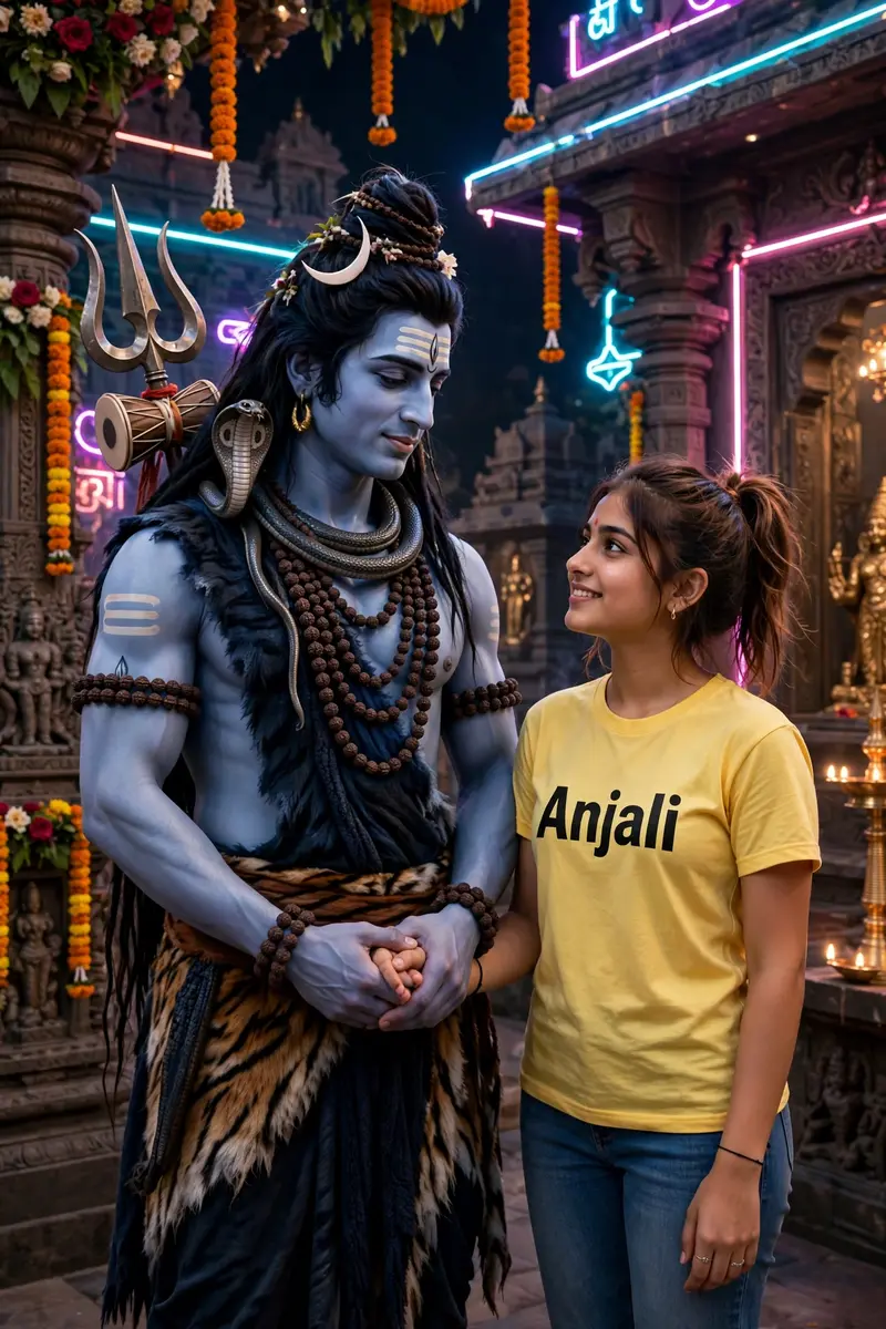 Create a high quality realistic image, in which lord mahadev is holding hand of a 20 year old beautiful girl , the girl is wearing plain yellow