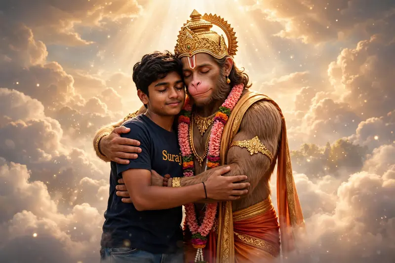 "A touching and emotional scene of a 22-year-old Indian boy hugging a larger-than-life, divine Hanuman Ji. The boy, wearing a T-shirt with 'Suraj'