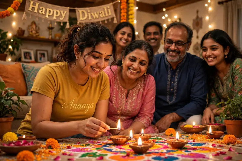 "Realistic portrait of 23-year-old Indian woman Ananya, wearing a fitted yellow t-shirt with 'Ananya' in elegant script. She's lighting diyas with