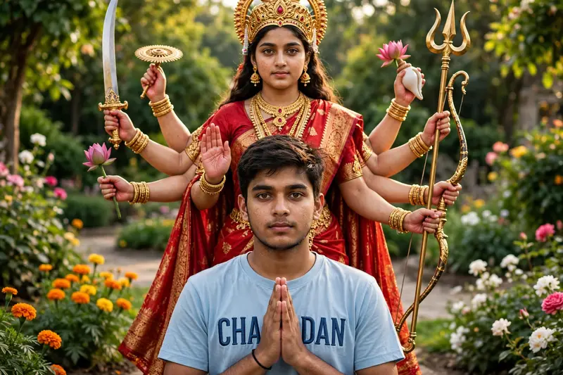 realistic close shoot image, standing maa Durga many arms looking straight wearing red traditional indian saree, 20 year old boy looking straight