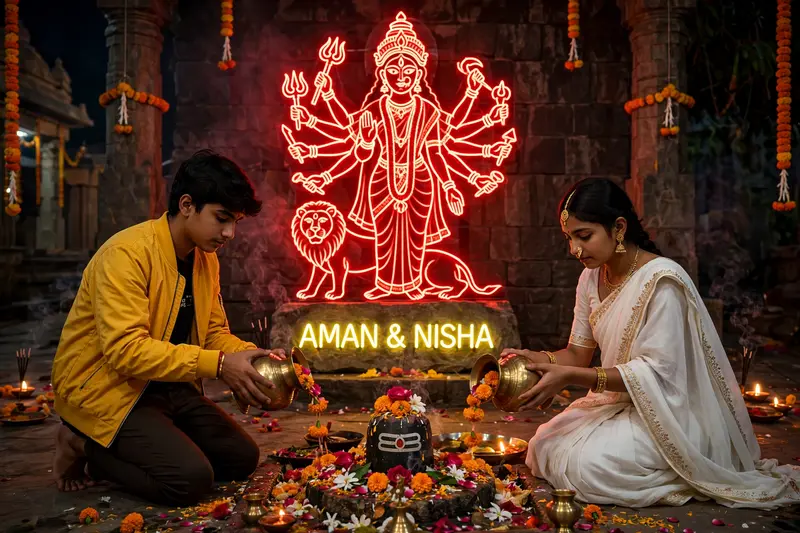 A realistic 18 year old boy and girl Barefoot couple kneeling, pouring flowers from a brass vessel, on a large realistic red neon light Maa Durga