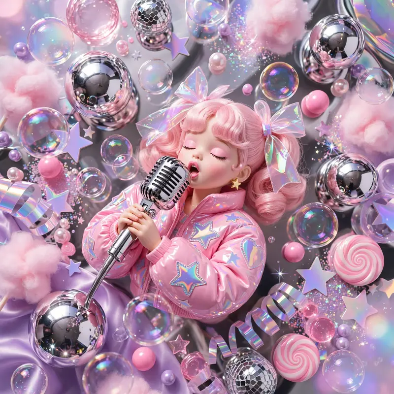 Dreamy bubblegum pop-art style scene featuring a karaoke singer belting into a chrome mic, surrounded by bubbles and sparkle. Chrome-ball studio