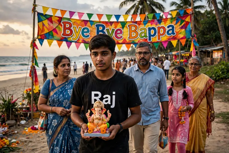 "An 18-year-old Indian boy named Raj, wearing a t-shirt with 'Raj' printed on it properly, carries a small Ganesh idol. He's surrounded by his