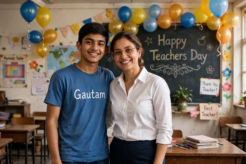Create image of 18 year old boy and 35 year old teacher standing together. Teacher wearing formal white shirt , boy wearing blue tshirt with name