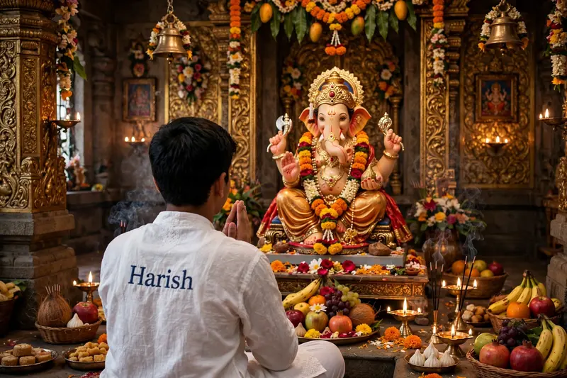 18 years old boy sit in front of a beautifully decorated idol of Lord Ganesha, placed in traditional temple setting. The boy has his back to the