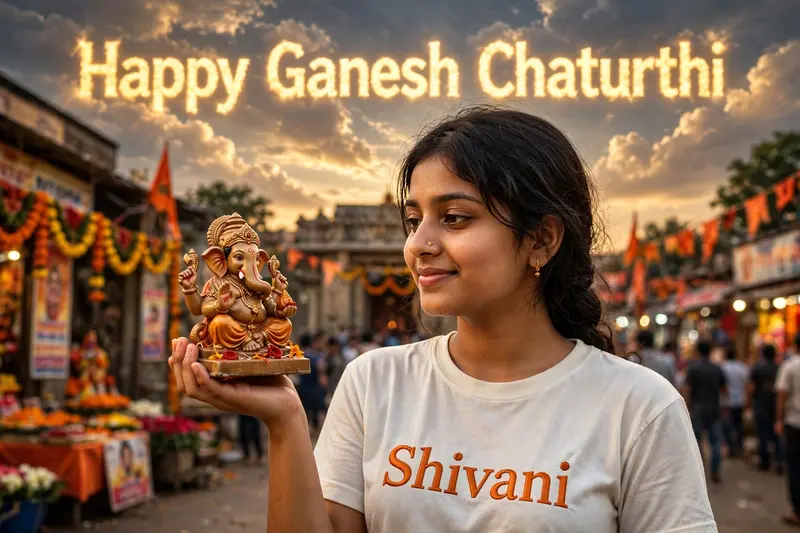 Create a Realistic Picture of A 20 year Old Indian girl Holding a Small Size Lord Ganesh statue in her hand. In Public. "Shivani” Clearly is written