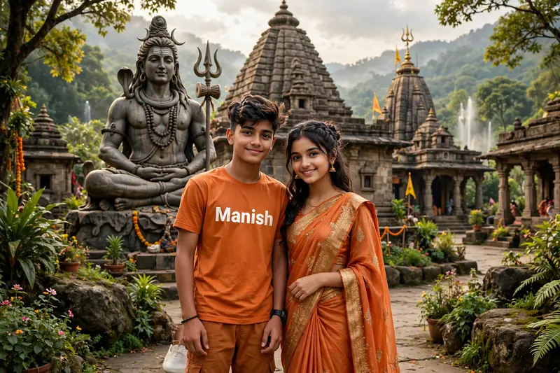 real indian 18 year old indian boy and girl standing close in the front of real Hind lord Siva boy is wearing Orange t-shirt and pants with the text