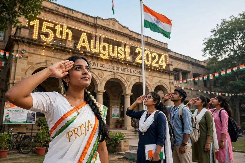 In a college campus, 20-year-old Priya (spelled P-R-I-Y-A) leads a group of students in saluting the national flag as it's being hoisted. Priya is