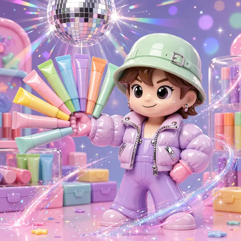 a lip-smacker collector fanning out gloss tubes captured in shiny plastic-toy render style, striking a confident pose. Disco-ball light shards