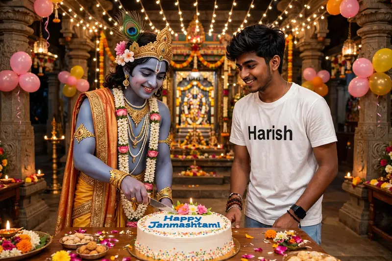 A real image shows Lord Krishna cuttings a birthday round cake on the table which has "Happy Janmashtami" clearly written in big letters, and