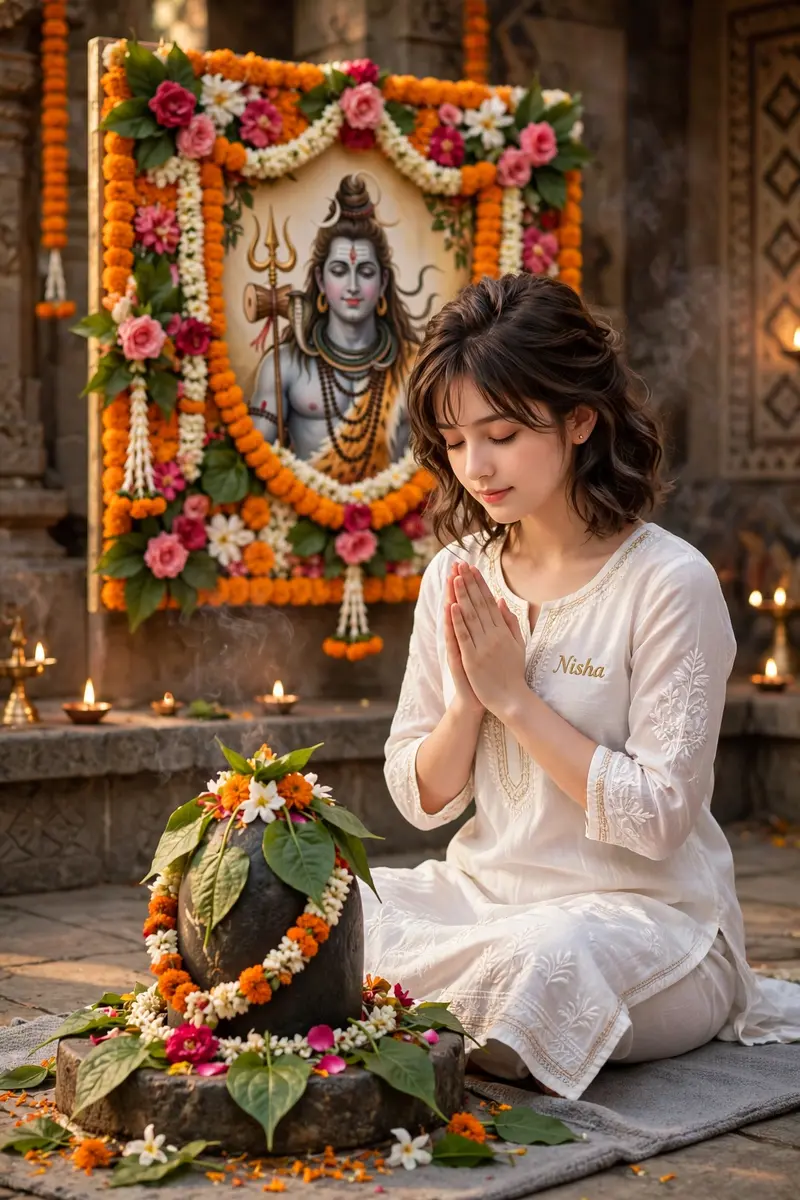 A 20 years old girl, is seated and praying in front of a Shivling adorned with flowers and belpata (green leaves). Behind her, there's a floral board