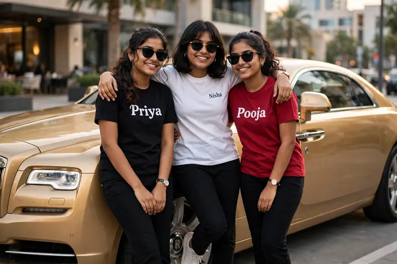 Three real 18 year old Indian girl friends are standing leaning against a golden super luxury car, and all three are wearing different