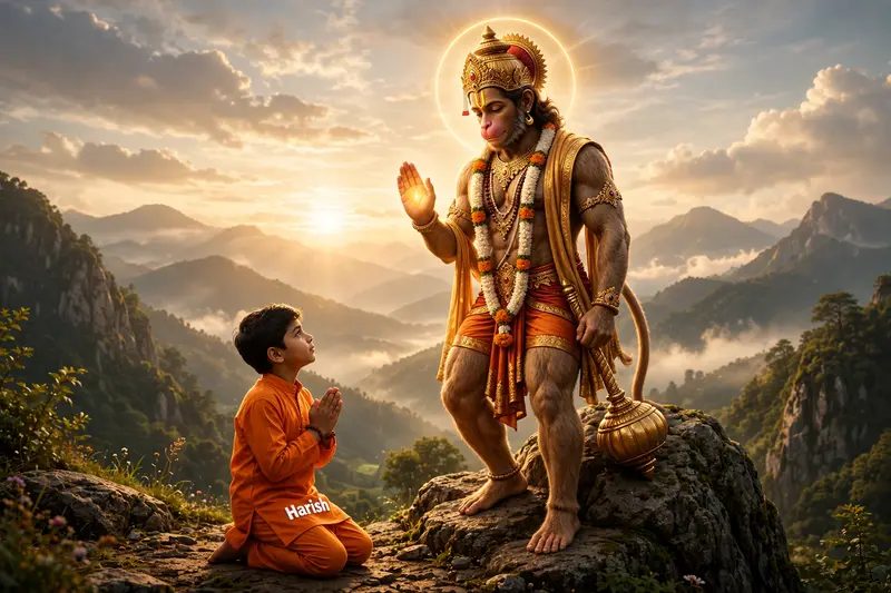 Create a high-quality image of Hanuman, the Hindu deity, standing on a rock with a glowing golden halo. Hanuman should be muscular, wearing
