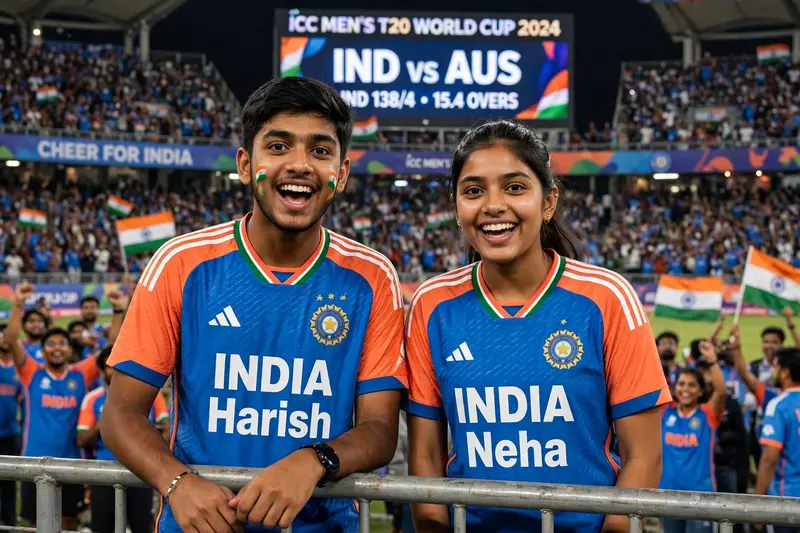 18 year old cute indian couple watching India vs Australia T20 world cup in the cricket stadium and cheering Team India, couple looking straight
