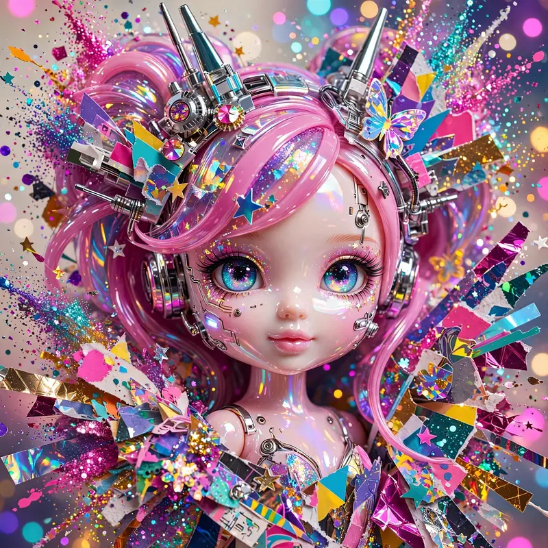 High-shine glitter-bomb pop collage style artwork of a cyber doll with glossy plastic shine, glitter exploding around the frame. Sparkling glitter