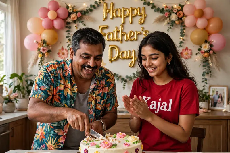 Create a realistic high-quality image of an 18-year-old Indian girl named Kajal celebrating Father's Day with her father. Her father is cutting cake